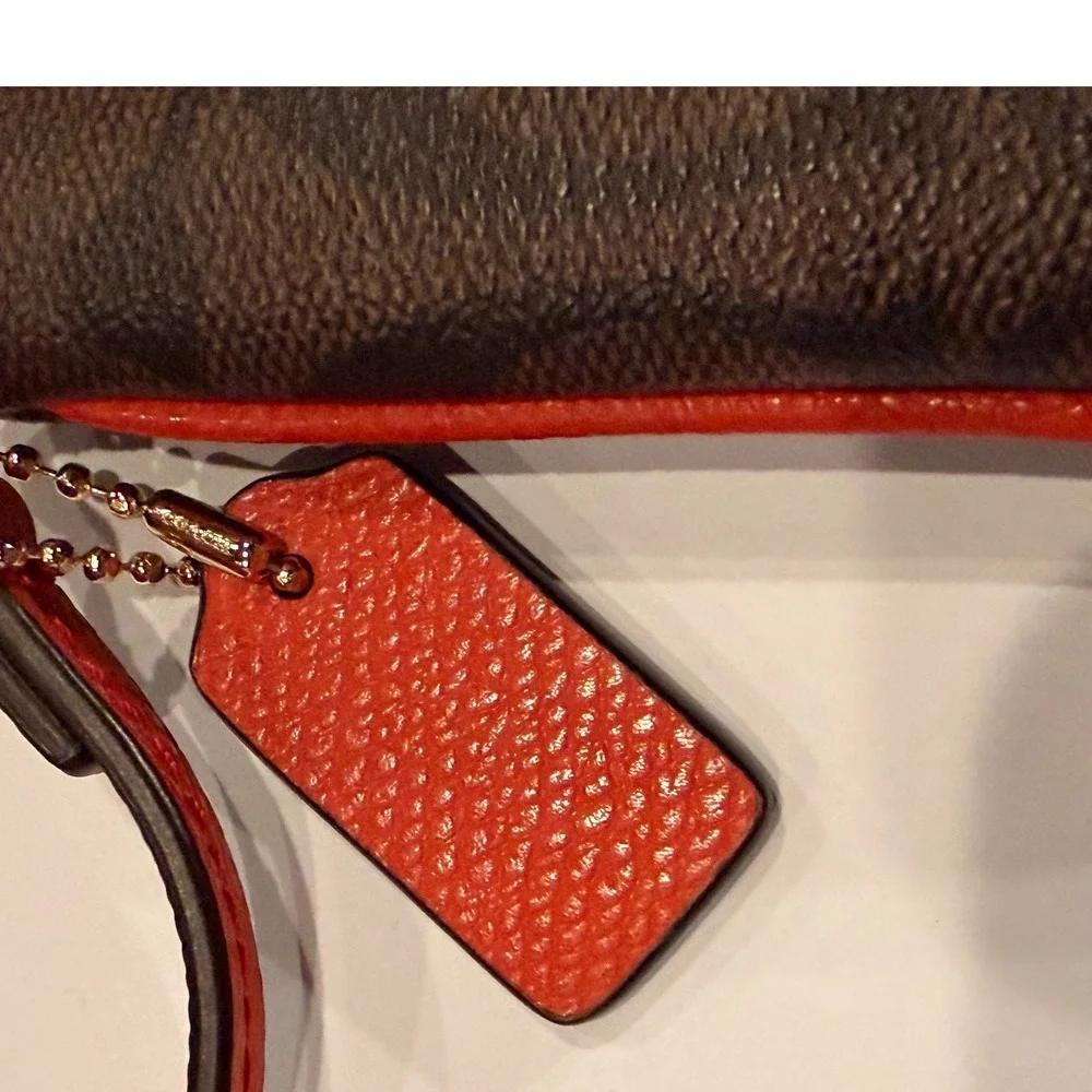 Coach Signature Brown and Orange Stripe Corner Zip Wristlet Small Bag